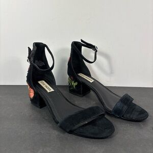 Steve Madden Inca Black Suede Embroidered Block Heel Sandals 6.5